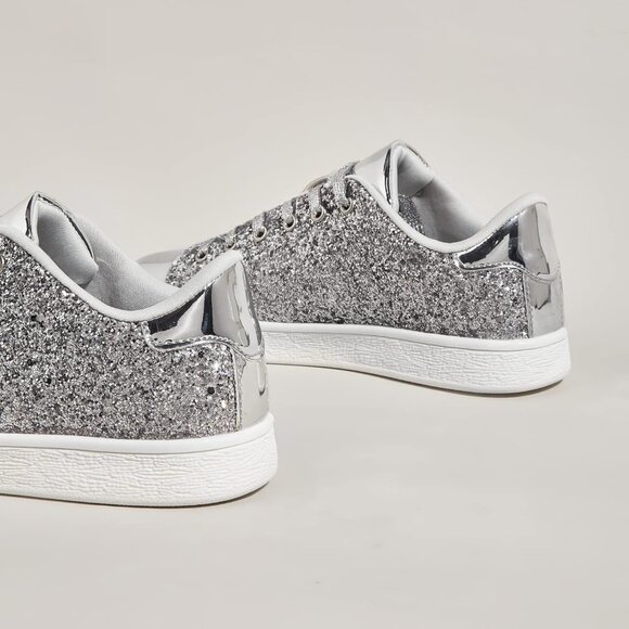 Brand New Women Silver Thermoplastic Elastomers Glitter Sparkly Lace Sneakers - Picture 4 of 9